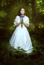 Fantastic girl in a white dress with flowers cornflowers