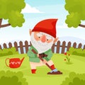 Fantastic Gnome Character in Red Pointed Hat Dig Soil Vector Set