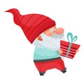 Fantastic Gnome Character with White Beard and Red Pointed Hat Holding Gift Box Vector Illustration