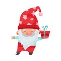Fantastic Gnome Character with White Beard and Red Pointed Hat Holding Gift Box Vector Illustration