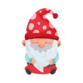 Fantastic Gnome Character with White Beard and Red Pointed Hat Sitting Vector Illustration