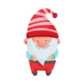Fantastic Gnome Character with White Beard and Red Pointed Hat Standing Vector Illustration