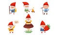 Fantastic Gnome Character with White Beard and Red Pointed Hat Vector Illustration Set