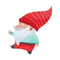 Fantastic Gnome Character with White Beard and Red Pointed Hat Walking Vector Illustration