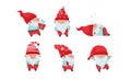 Fantastic Gnome or Dwarf Character with Red Hat and White Beard Sleeping and Carrying Gift Box Vector Set