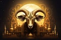 Fantastic goat portrait. eid concept. Sheep standing on the night. Eid mubarak islamic greeting card. Arabic poster