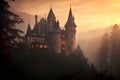 A fantastic Gothic castle on top of a cliff against the backdrop of mountains and forests. Generative AI