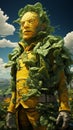 Fantastic green man with yellow face in lush fantasy world in cloudy sky. Whimsical figure in realistic wonderland. AI generated.