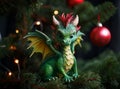 A fantastic green oriental dragon sits on the branches of a Christmas tree