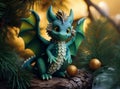 A fantastic green oriental dragon sits on the branches of a Christmas tree