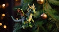 A fantastic green oriental dragon sits on the branches of a Christmas tree