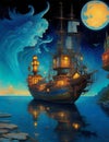Fantastic harbor with the ship and moon, fantasy art, dreamy, encaustic art, sci-fi, reflection water Royalty Free Stock Photo
