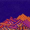 Fantastic hippie style psychedelic landscape with mountains in the form of colorful stripes and of blue sky and stars.