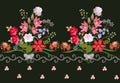 Fantastic horizontal border with luxury bouquets of garden flowers, fairy small peacocks, waved ornament and pink leaves of clover