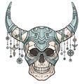 Fantastic horned human skull in iron armor. Spirit of the soldier.