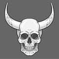 Fantastic horned human skull. The monochrome illustration on a gray background.