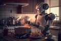 Fantastic humanoid robot cooks food in the kitchen