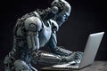 Fantastic humanoid robot works on a computer