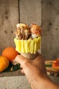 Fantastic ice cream with candy mashroom in hand on wooden background, concept of poisin, nagic food, halloween holiday funny food.