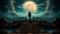 Fantastic Illustration. Figure Walking Stairs. Large Moon in the Sky. Generative AI. Royalty Free Stock Photo