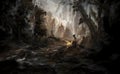 Fantastic illustration of a river flowing in a dark mysterious forest