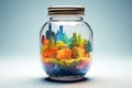 Fantastic illustration of small fairy-tale world of town with trees, lake, rainbow inside glass jar. Mystical beautiful