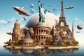 Fantastic illustration of world monuments on an island over which crazy aircraft fly. World travel concept Royalty Free Stock Photo