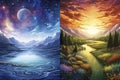 Fantastic image of fabulous landscape of day and night. Fluffy clouds are painted with bright colors. Concept of fantasy