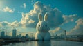 Fantastic image of imagine huge white Easter rabbit over modern city horizon above waterside