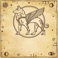 Fantastic image of a winged dog, mythological character, pagan god.