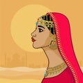 Fantastic Indian princess in a red dress. Profile view.