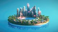 A Fantastic Island Floating With Art Deco Metropolis Skyscrapers Neon Lights. Generative AI