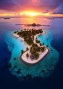 A fantastic island with a turquoise ocean beach in the beautiful purple sunset