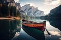 Fantastic lake braies in south tyrol, italy, Beautiful view of traditional wooden rowing boat on scenic Lago di Braies in the