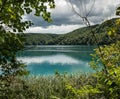A fantastic landscape of an azure lake, surrounded by green hills, opening through branches of the trees.