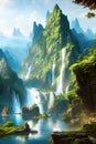 fantastic landscape with beautiful mountains and waterfalls, a utopian land. Generative AI