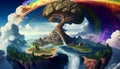 Fantastic landscape of big tree at floating island with waterfall and rainbow