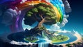 Fantastic landscape of big tree at floating island with waterfall and rainbow