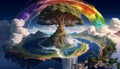 Fantastic landscape of big tree at floating island with waterfall and rainbow
