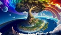 Fantastic landscape of big tree at floating island with waterfall and rainbow