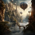 fantastic landscape with a castle on a rock and hot air balloons floating in the sky. The castle is made of stone and has many Royalty Free Stock Photo