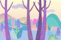 Fantastic landscape in a foggy haze in the early morning. Cartoon horizontal vector illustration of morning forest and distant mo