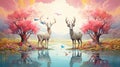 Trees, birds with two large mirrored deer generated by AI