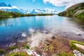 Fantastic landscape with lake on the background of Mont Blanc, French Alps, Europe. Harmony, tourism, meditation background -