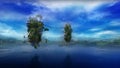 Fantastic landscape with a lake and flying islands, 3D render. Royalty Free Stock Photo