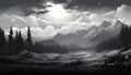 Fantastic landscape, Minimalist landscape mountains, lake, rocks. Generated AI illustration