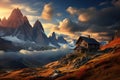 Fantastic landscape with old wooden house in the mountains at sunset, Mountains in fog with beautiful house and church at night in