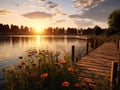 fantastic landscape of pier on the lake at sunset time