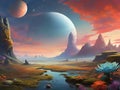 Fantastic landscape of a planet near another star. Exoplanetary landscape. Mountains, river, extraterrestrial flora, other planets