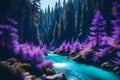 Fantastic landscape purple pine forest mountain and blue stream, beauty nature scenery view background